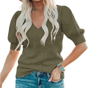 Foshow Womens Puff Short Sleeve Sweater Soft Crew Neck Dot Pullover never worn